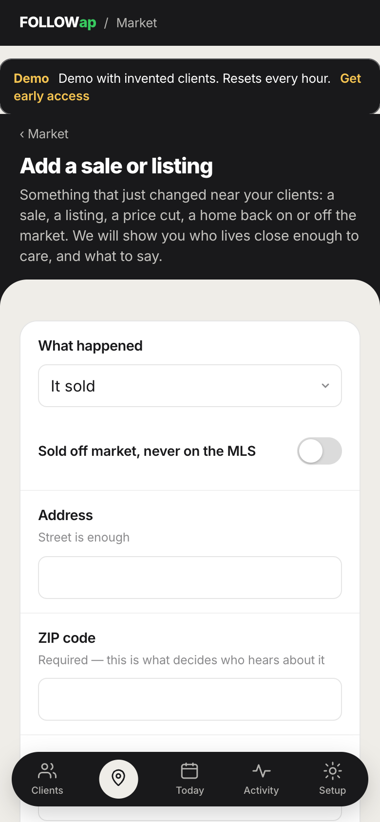 The Add a sale or listing screen, for an off-market sale the MLS never carries