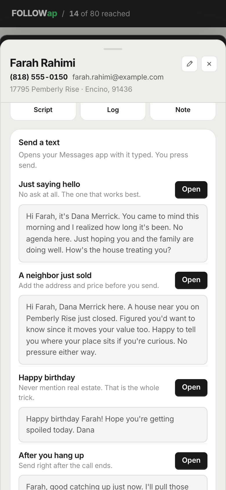 A client open, showing the ways to reach them and the written messages