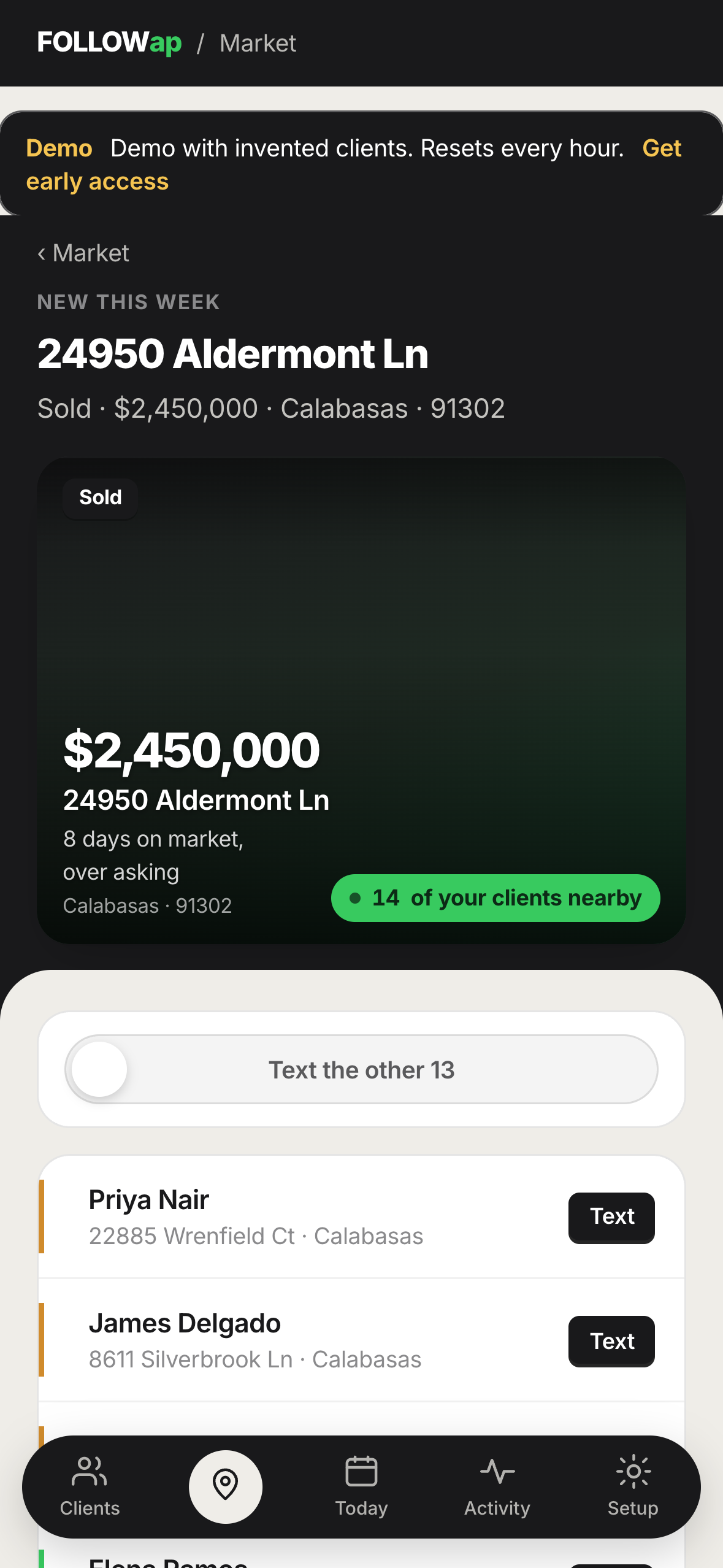 That card opened: the fourteen clients who live nearby, by name, each with a Text button