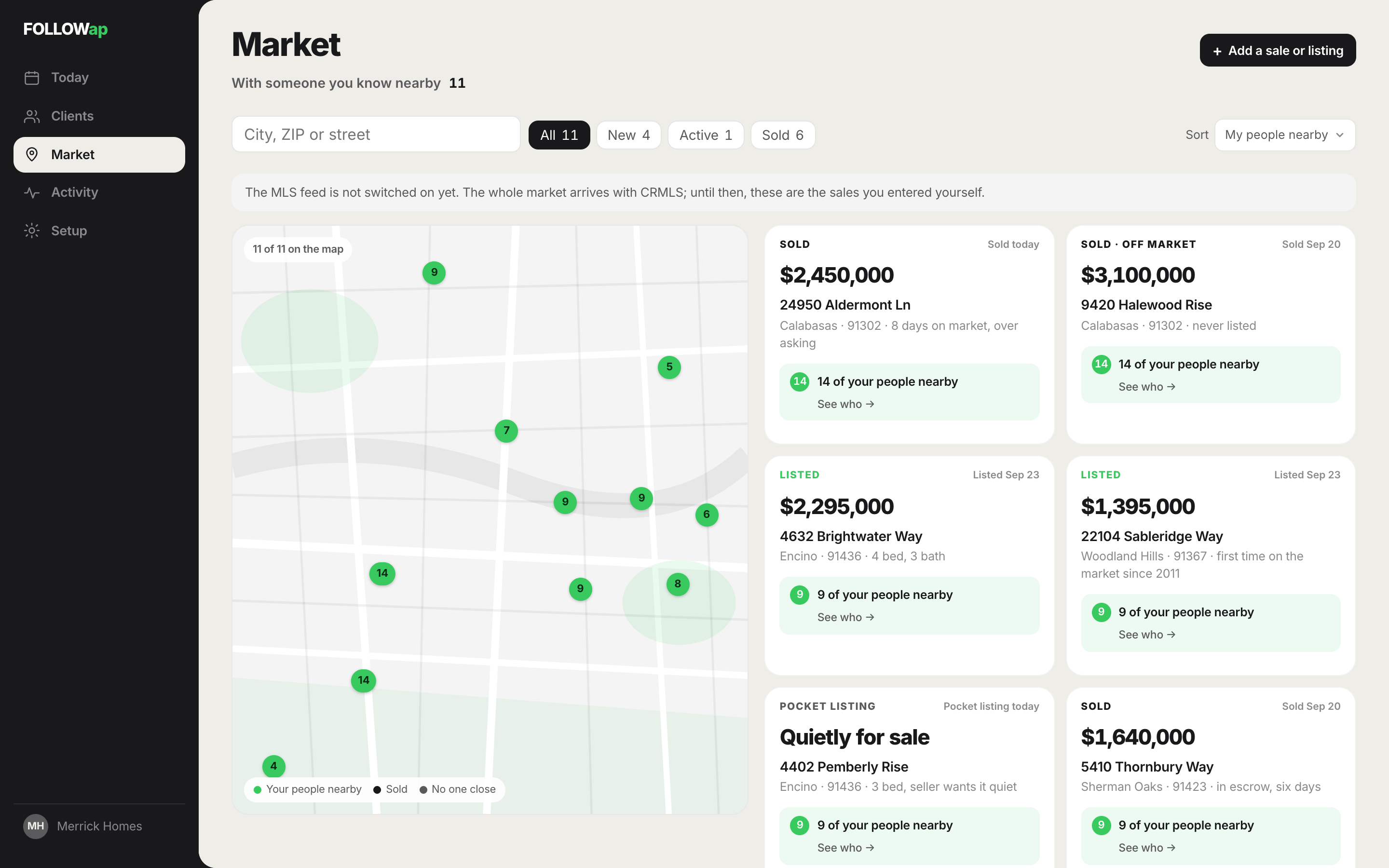The desk's Market in the demo: every sale and listing as a card, each with how many of the agent's own people live nearby