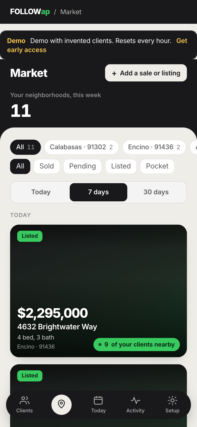 The Market tab, showing sold and listed homes in the agent's neighborhoods