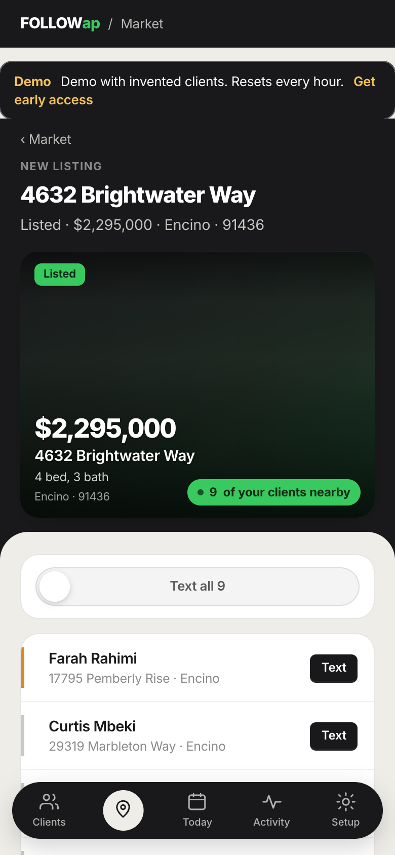 One sale, with the clients who live nearby and a Text button on each